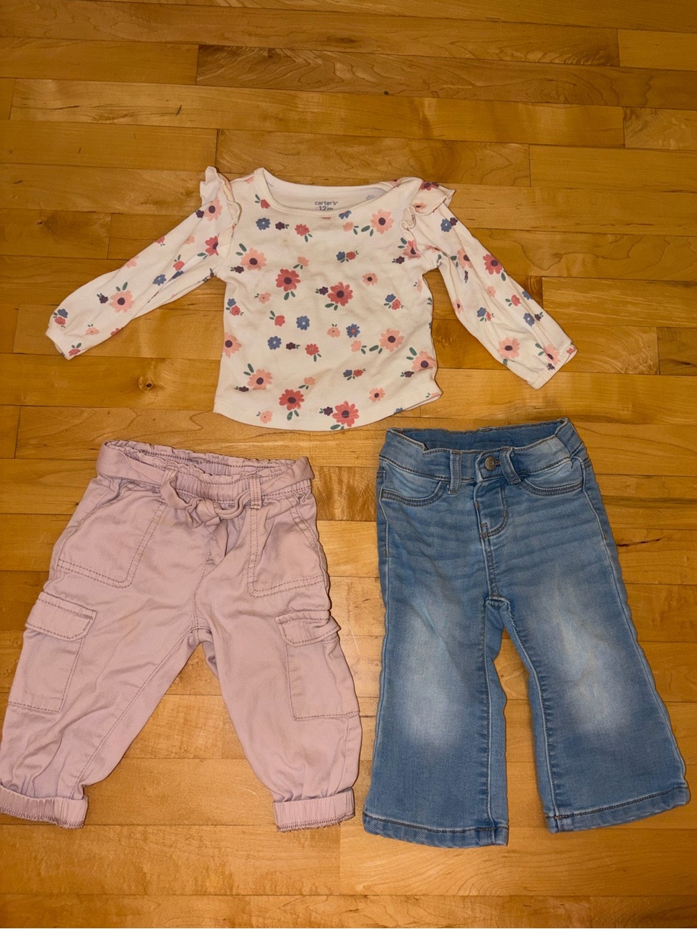 Set of 3 Floral Print Top & Denim Flare Bell Bottom Jeans & Pink Cargo Pants